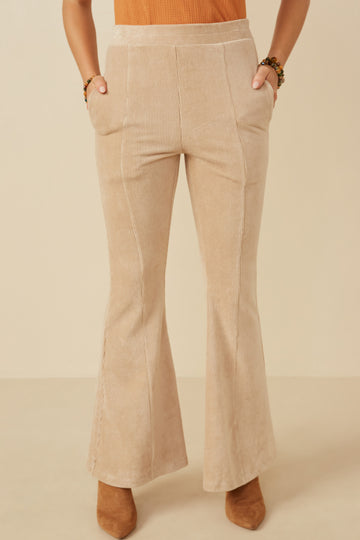 HY7613 Beige Womens Pleat Detail Pocketed Corduroy Pants Front